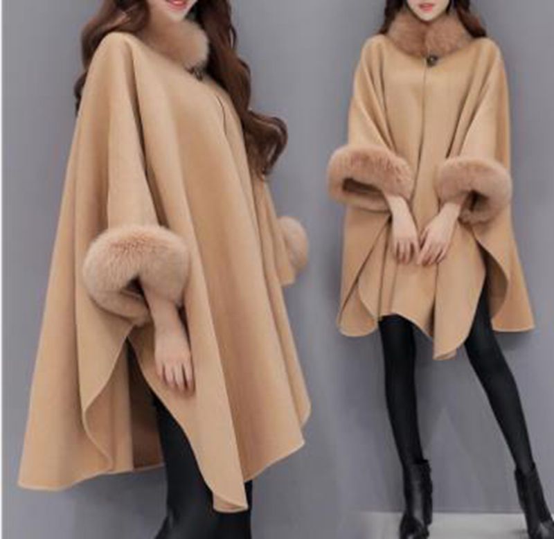 

Wholesale new autumn and winter women's fur collar mid-length woolen coat temperament cloak shawl coat, Gray