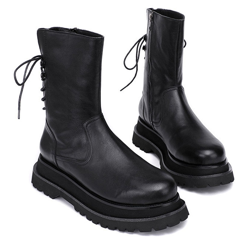 

Double Sole Men Ankle Boots Thick Bottom Winter Shoes Genuine Leather Snow Boots Men 14#20/20d50, Black