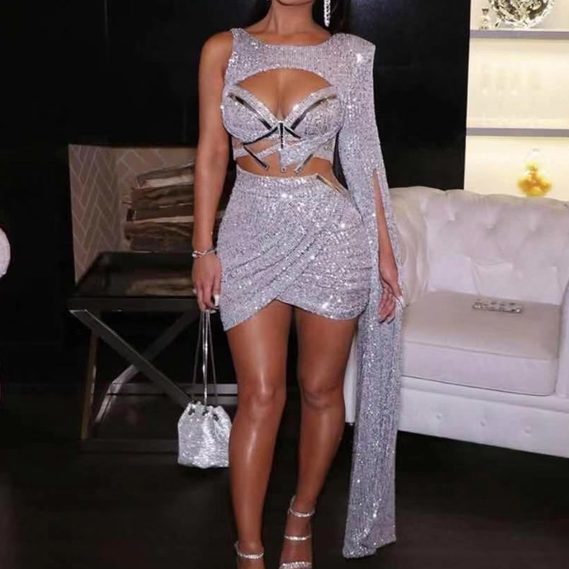 

Missord Women Sexy Hollow Out Sequin Dresses Female Elegant Two Pcs Set Irregular Sleeve Split Mini Bodycon Dress FT20275 Y200418, Gold