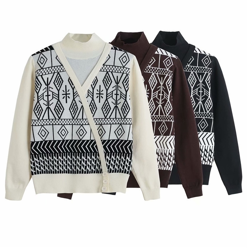 

2021 New Vintage Female Fake Set of Two Fashion Shirts Ladies Turtlenecks High Tops Streetwear Women Geometry Pullovers PH2J, Black