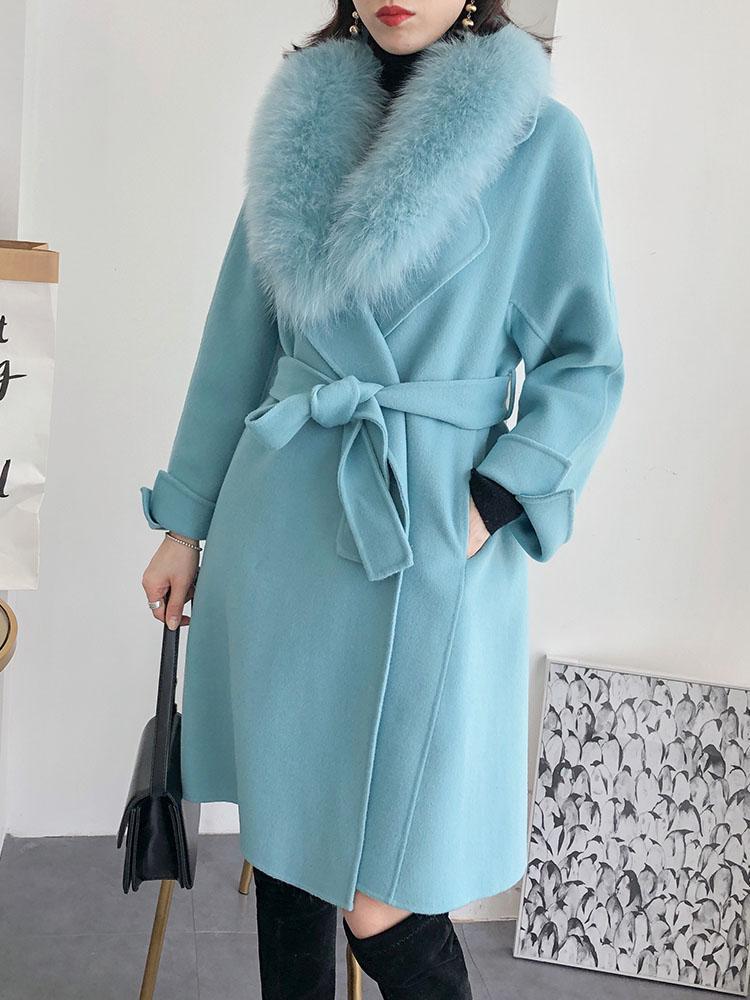 

2020 new Natural Fur Collar Cashmere Wool Blends Coat Women Long Outerwear Belt Vintage High Quality NAAW, Pink