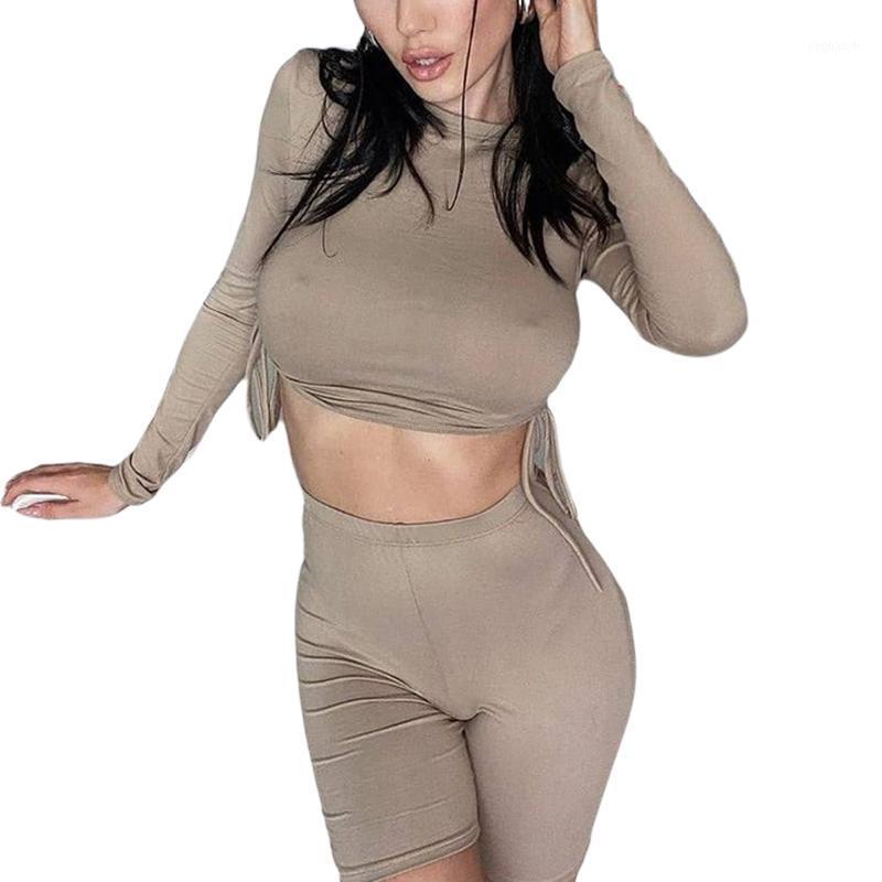 

Women' Set Clothing Solid Color Outfits Streetwear Long Sleeve Round Neck Side T-shirts High Waist Shorts Tracksuit Sportwear1, As photo shows