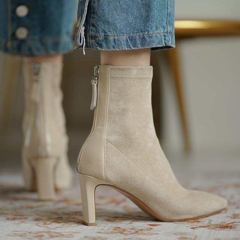 

Apricot high-heeled short boots women 2021 new autumn and winter thick with elastic thin boots ins pointed toe socks, Apricot boots