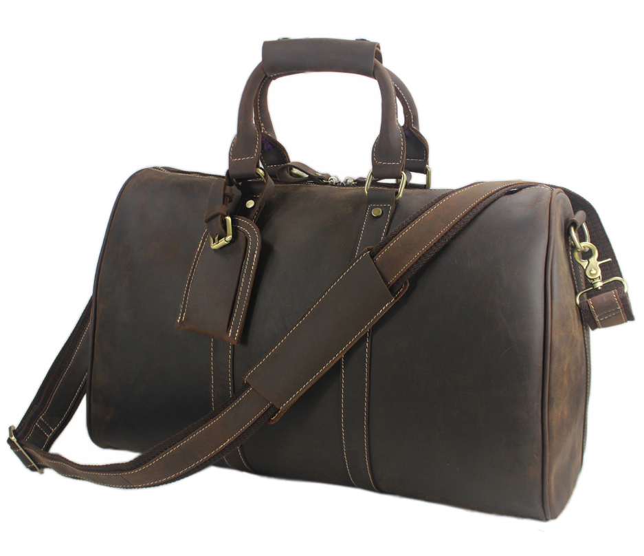 

Boston crazy horse male travel tote duffle big leather shoulder bag overnight m087, Dark brown.