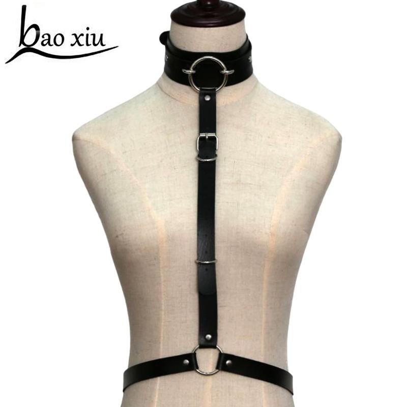 

harness punk metal ring wide collar around neck adjustable buckles waist belts Leather cool sexy women Dark Rock street strap, Black;brown