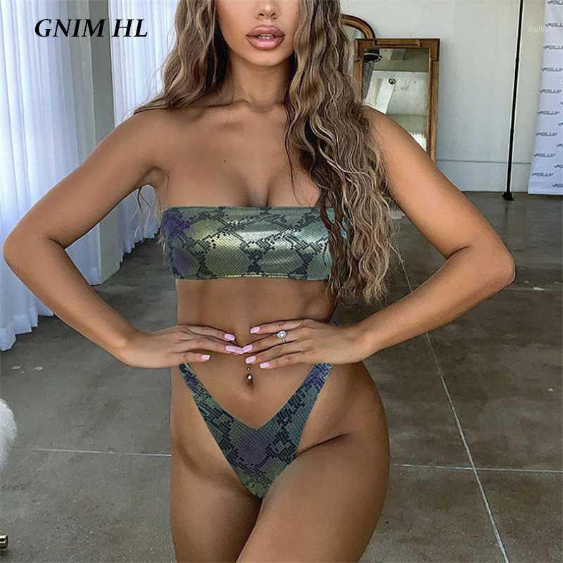 

GNIM Bandeau Bikini Women 2020 Snake Print Swimwear Low Waist Brazilian Swimsuit Women Push Up Bathing Suit Two Pieces Biquini1
