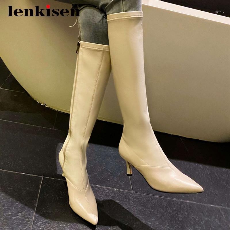 

Lenkisen 2020 equestrian boots real leather stretch streetwear thin high heel pointed toe zipper beauty lady knee-high boots L981, Beige