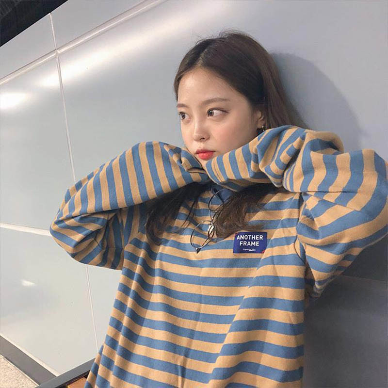 

Korean Ulzzang O-Neck Striped T-shirt Women Casual Long Sleeve Loose T-Shirt Color Block Retro Cotton T-Shirts Femmal 201125, Multi