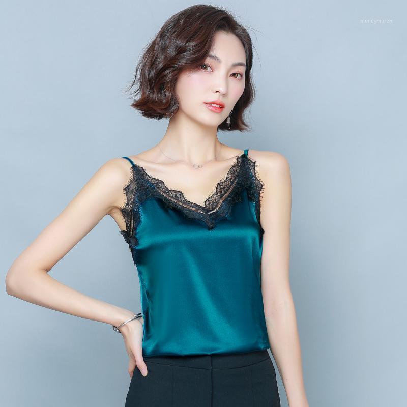 

Spaghetti Strap Top Women Halter Lace V Neck Basic Black Patchwork Cami Sleeveless Tank Tops Women' Summer Camisole White 20201