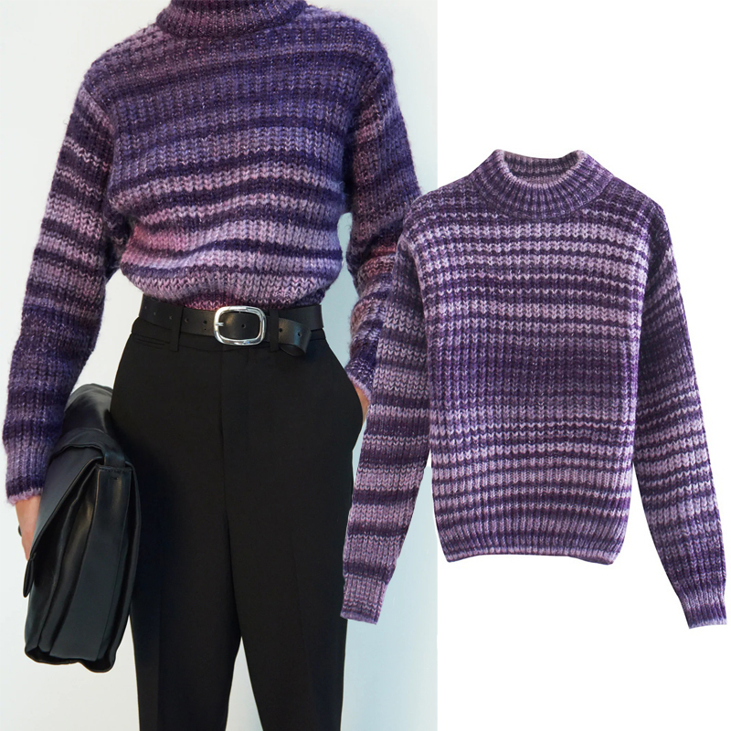 

2021 New Ombre Purple Striped Turtleneck Sweater Women Fashion Winter Long Sleeve Casual Christmas Jersey Woman Pullovers Siw6