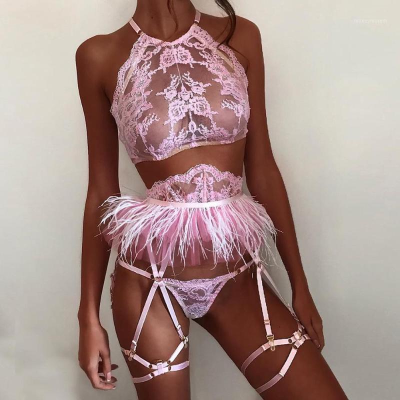 

Neon Lingerie Women Sexy Lace Embroidery Lingerie Set Halter Bra Hollow Thong Set Sleepwear Bra Conjunto de lenceri1, Pink
