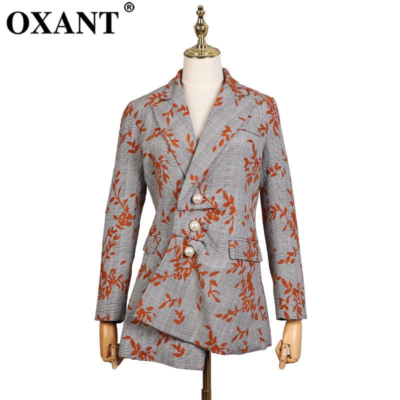 

OXANT Print Flowers Blazer Tops Big Size Long Sleeve Pearl Single Breasted Suit Coats Women Fashion Clothing 2020 Autumn, Grey and red coat
