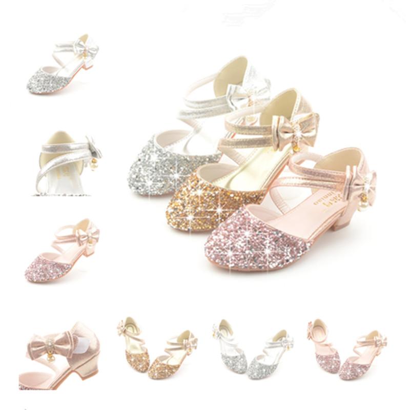 

High-end Boutique Children Sandals Girl High Heels Princess Shoes For Girls Glitter Bowtie High heel Sandals Dress Party Shoes, Gold