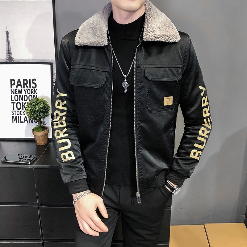 

Plush fur coat men's autumn and winter lambs wool collar men's jacket, Black