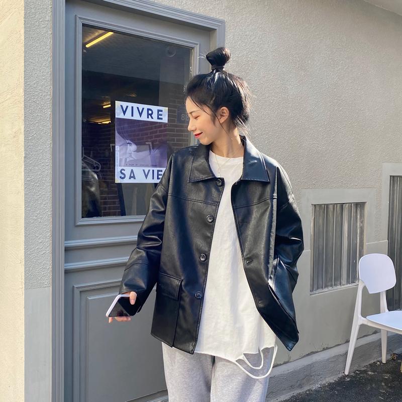 

New collection office ladies Black pu leather jackets women" Baggy vintage coats