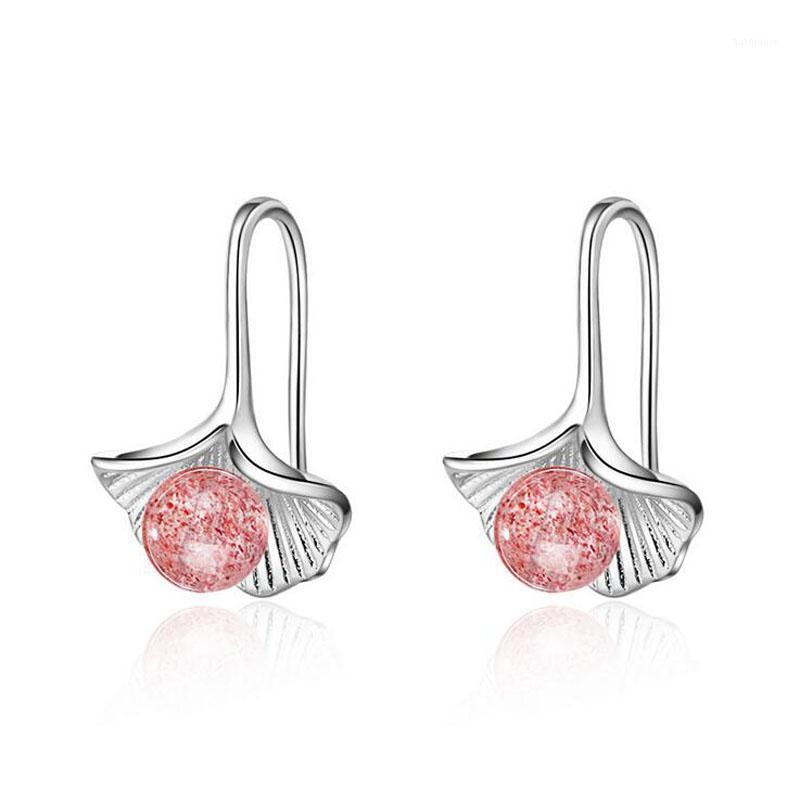 

Fashion Cute Pink Round Crystal Bead 925 Silver Ginkgo Leaf Drop Dangle Earrings For Women Girls Gift Party Earring Jewelry ACC1
