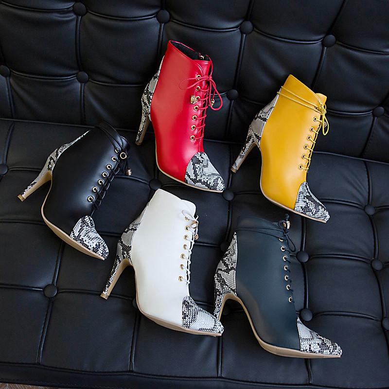 

YMECHIC 2020 Autumn Snake Print Stiletto Sexy High Heels Boots Female Yellow White Pointed Toe Party Lace Up Shoes Ankle Boots, Blue