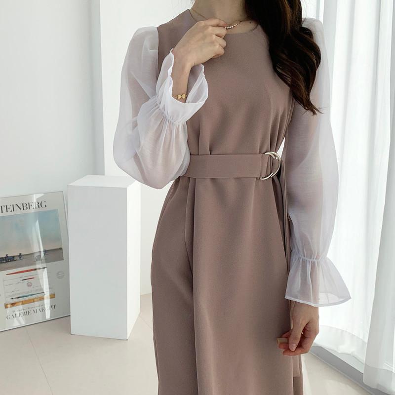 

Casual Dresses Mesh Korean Chic Elegant Temperament O Neck Flare Sleeve Dress Women Belt Slim Hit Color Patchwork Robe Vestidos Retro, Black;gray