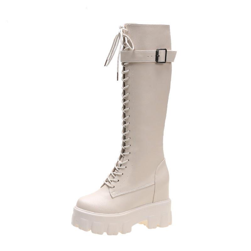 

Women's Platform Knee High Boots Fashion Cross-tied Long Boots Winter Short Plush Warm Motorcycle Buckle Platform Sneakers, Beige