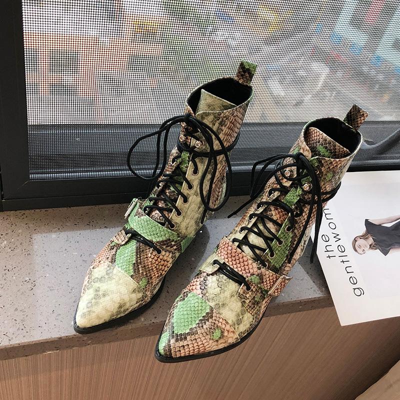 

Women's Ankle Boots Pointed Toe Snake Pattern Med Heels Lace Up Buckle Shoes B126, Dark green
