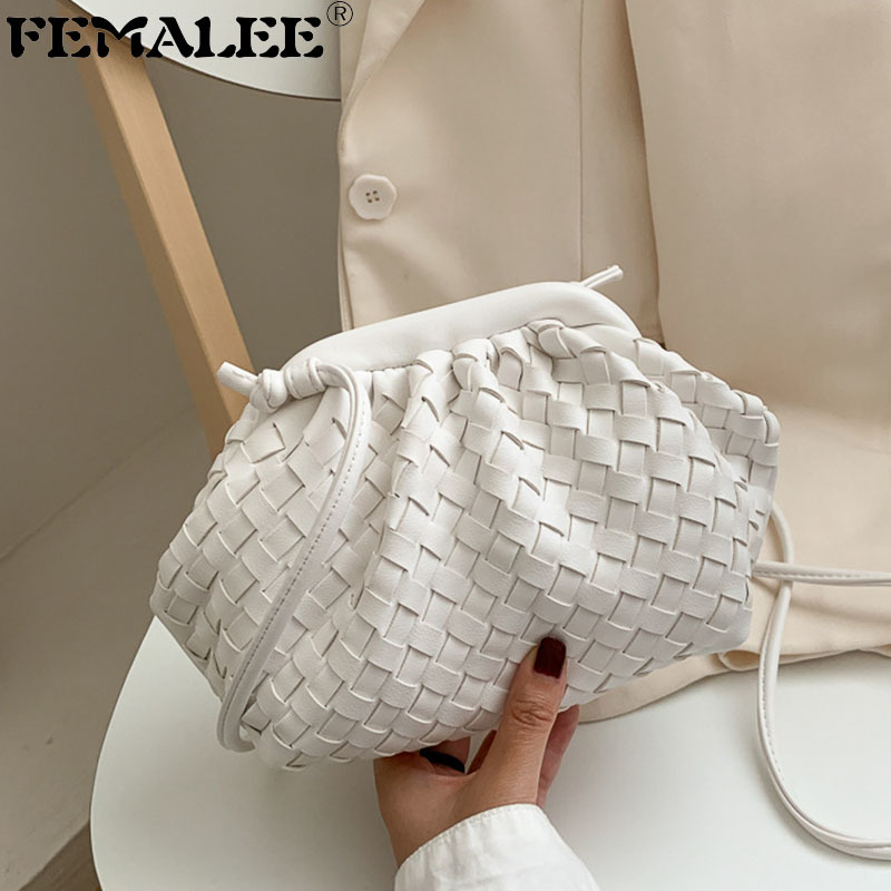 

Trendy Woven Cloud Bag Ruched Soft Leather Hobos Single Shoulder Bags Fashio Solid Color Crossbody Handbag Messenger Small Purse Q1208