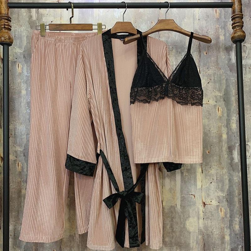 

New autumn and winter pajamas three-piece suit, corduroy with lace, comfortable and soft home wear, night gown suit.sleepwear, Green