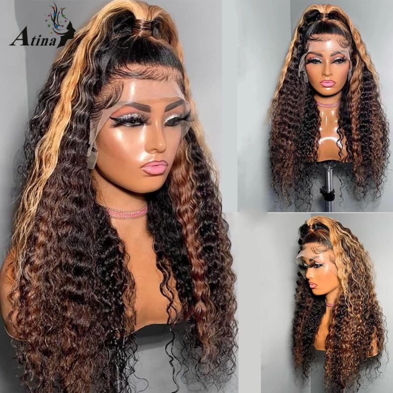 

Curly Human Hair Wig PrePlucked Brazilian Bleach Knots Remy Ombre Colored HD Transparent Lace Front Wigs For Black Women Closure, As pic
