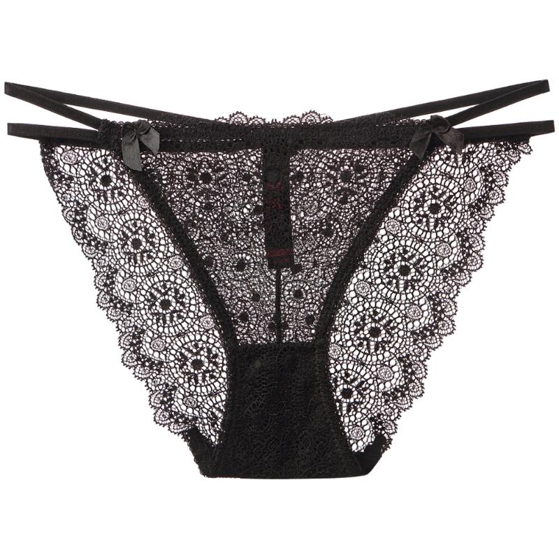 

T-string Strap Low Waist Underwear Lace Thongs Transparent Panties, Black