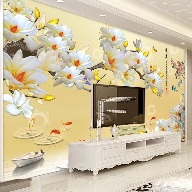 

Custom Photo Chinese Style 3D Stereo Embossed Magnolia Flower Art Wallpaper Living Room Sofa TV Background Papier Peint Mural 3D1, As pic