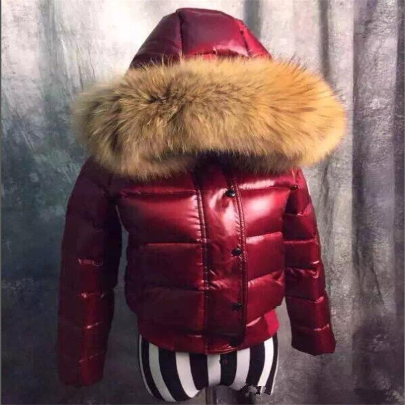 

Women down jacket thickening Short down parkas 100% real raccoon fur collar hood down coat Black/Red Color