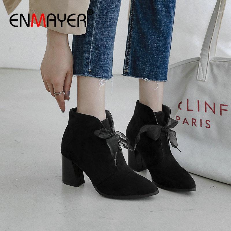 

ENMAYER 2020 Ankle Boots for Women Faux Suede Lace-Up Pointed Toe Women Boots Hoof Heels Short Plush Womens Ankle 34-431, Apricot