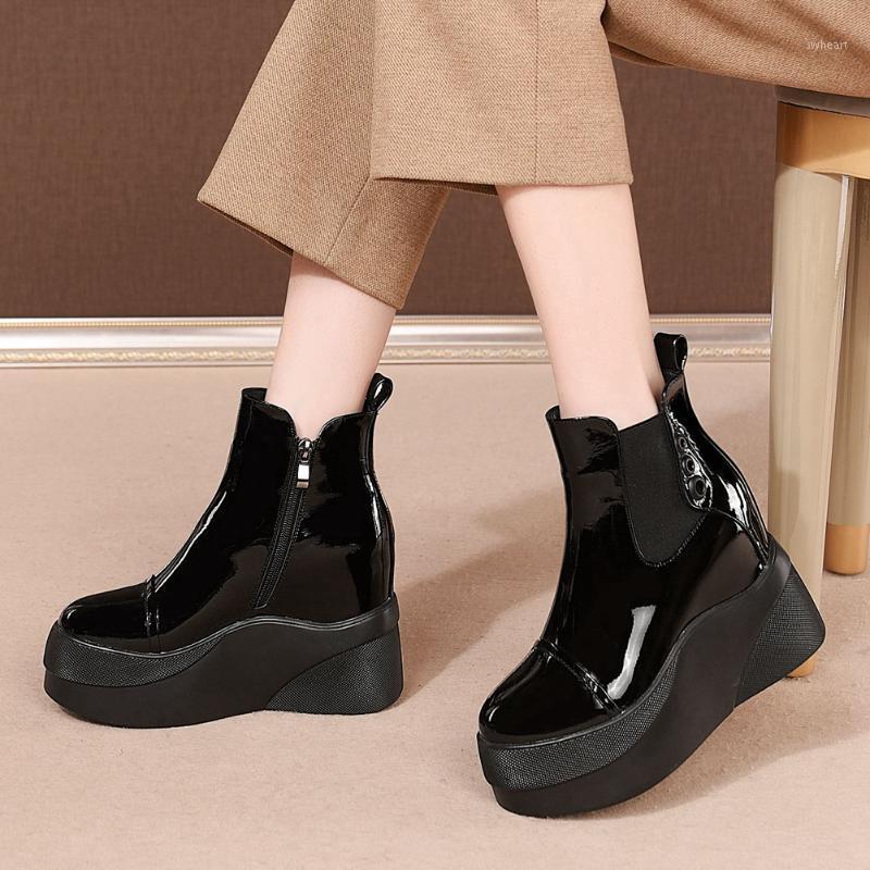 

Brand New Chic Patent Leather Thick Platform Inside High Heels Ankle Boots Stylish Winter Shoes Boots Women1, Beige