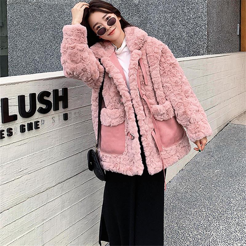 

2020 Winter Female Faux Fur Jackets Korean Loose Stand-up Collar Long Sleeve Thick Warm Lamb Down Fur Plush Outerwear Women Z933, Apricot 1