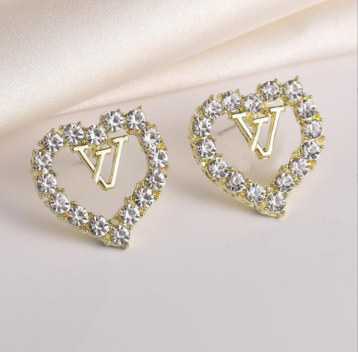 

Vintage Design 925 Silver Needle Stud Earrings for Womens Fashion Brand Double Letter Geometric Peach Heart Hollow Crystal Rhinestone Luxury, Golden;silver