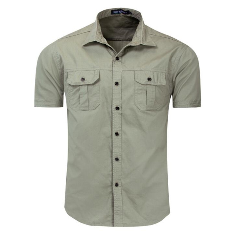 

2021 High Quality New Men's Cargo Shirts Short Sleeve 100% Casual Cotton Male Pocket Work Shirt Bnrv, Khaki.