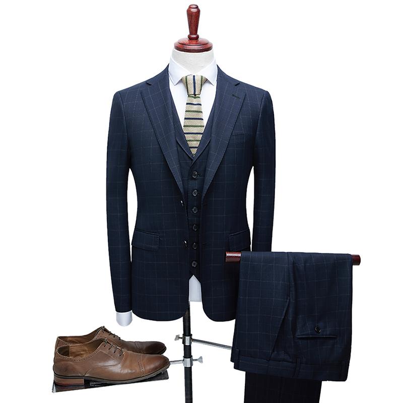 

2021 new navy blue plaid boutique suit men's wool suits casual dress three-piece jacket coat trousers vest formal business suit, White;black