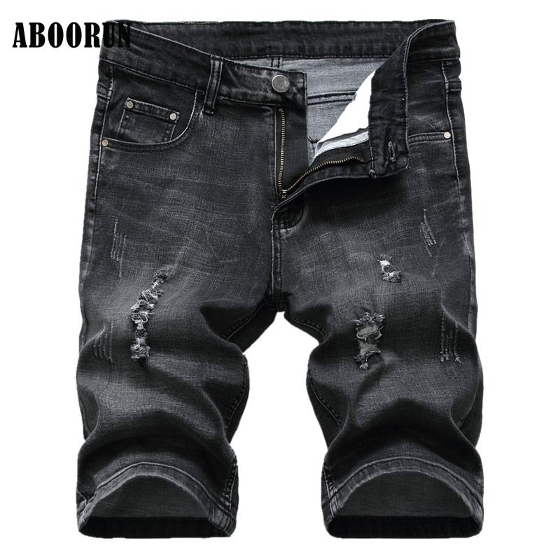 

ABOORUN 2020 Summer Mens Ripped Hole Denim Shorts Elastic Distressed Washed Jeans Shorts for Male P8027, Style 2