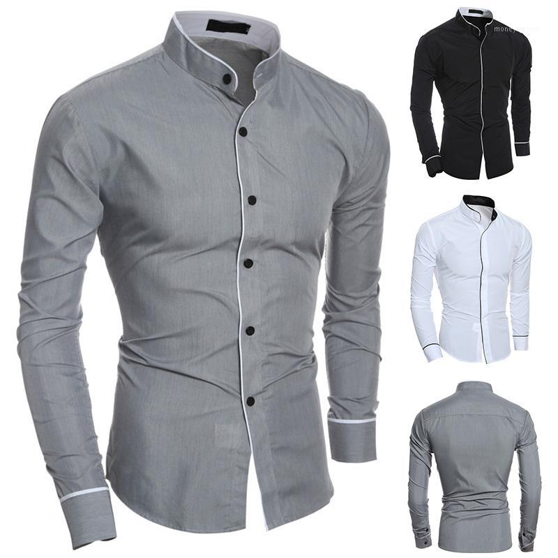 

Men Long Sleeves Shirt Slim Fit Stand Collar Simple Casual Tops for Spring A661, Black