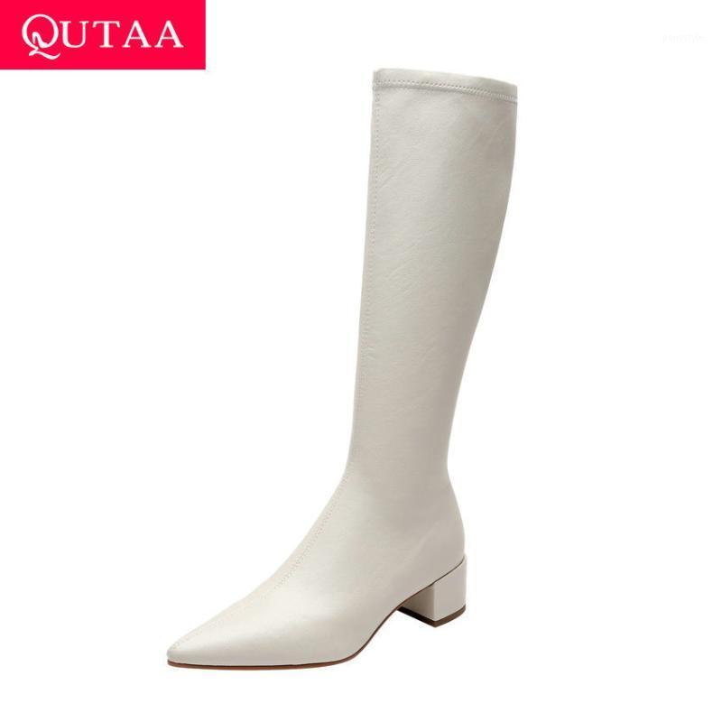 

QUTAA 2021 Stretch PU Leather Knee High Boots Pointed Toe Square High Heels Autumn Winter Fashion Zipper Women Shoes Size 34-391, White