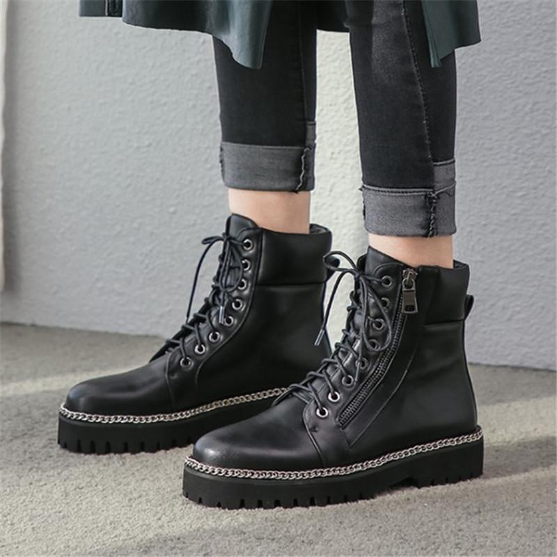 

PXELENA Metal Chain Zipper Motorcycle Boots Women Lace Up Low Heels Punk Gothic Combat Biker Bootie Black 34-43, Black pu