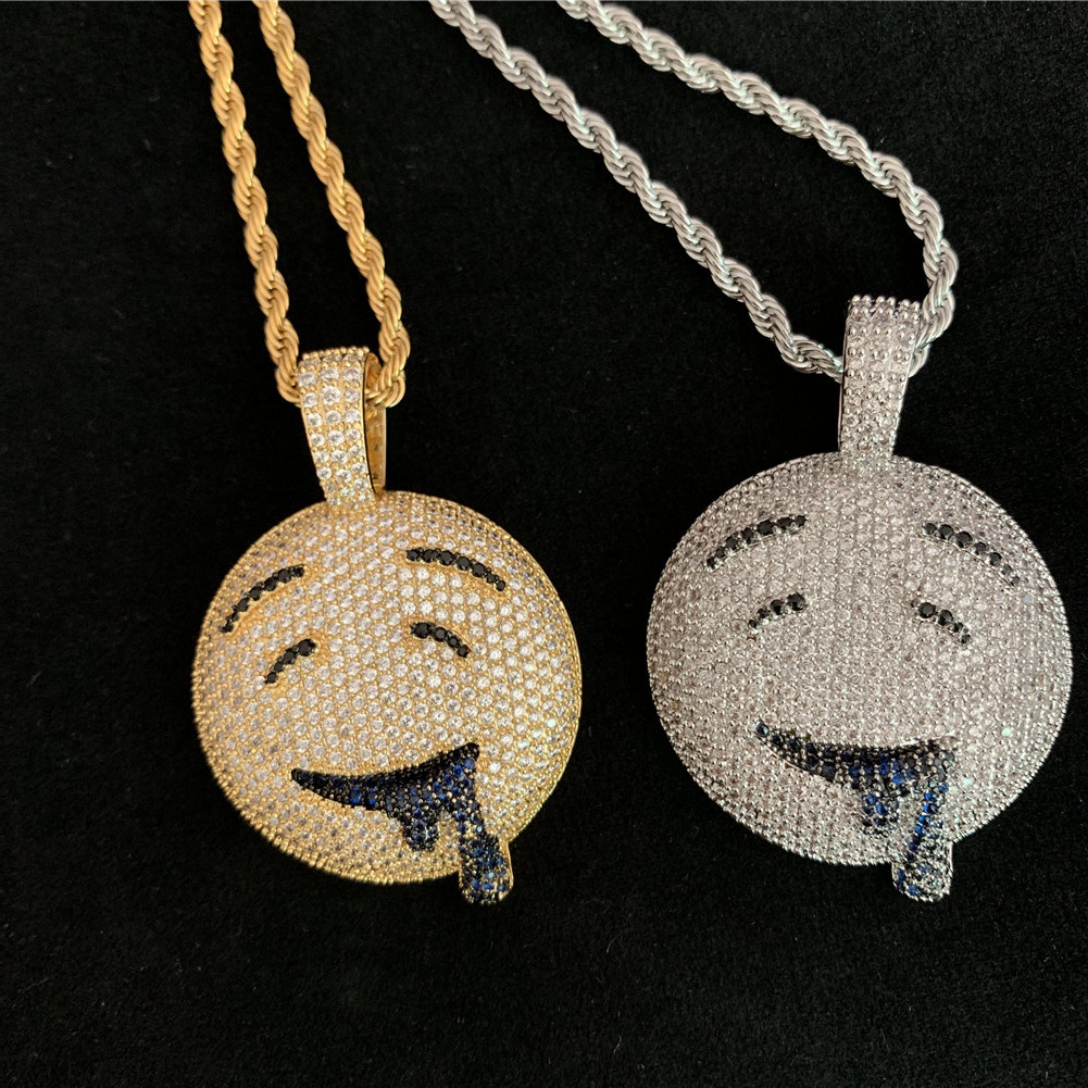 

Drool Round Face Pendant Gold Silver Charm Bling Cubic Zircon Men's Iced Out Chain Hip Hop Necklace Rock Gift Jewelry