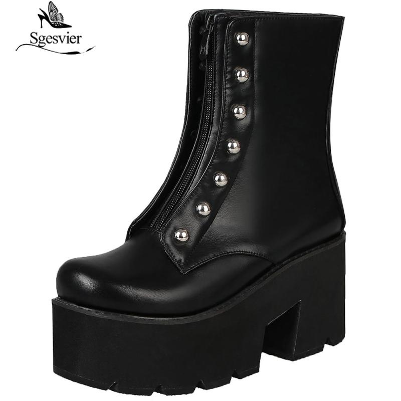 

Sgesvier 2020 Fashion Platform Boots Women Retro Autumn PU Leather Thick Heel Ankle Boots for Women Soft Shoes Ladies, Black