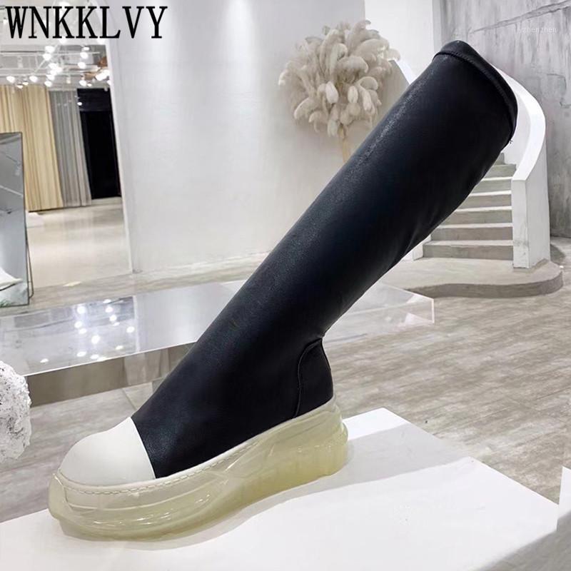 

Transparent Crystal Thick Sole Stretch Knee High Boots Women Flat Platform Patchwork Elastic Slim Long Booties 2020 Runway Shoes1, Black