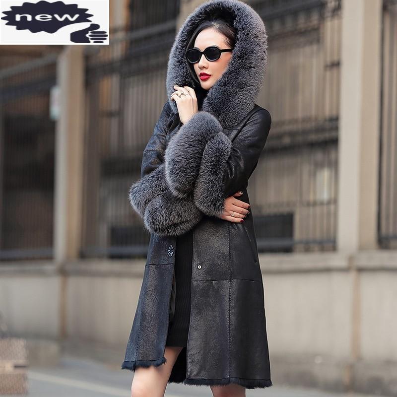

Women Winter Shearling Coat Luxury Elegant Medium Long Fur Collar Hooded Jackets Style Retro Warm Lady Coats