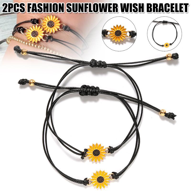 

Newest 2pcs Fashion Sunflower Wish Bracelet Adjustable Braided Bracelet Summer Alloy