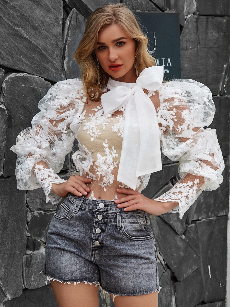 

Eilly Bazar Tie Neck Embroidered Mesh Top Without Bandeau u0oO#, White