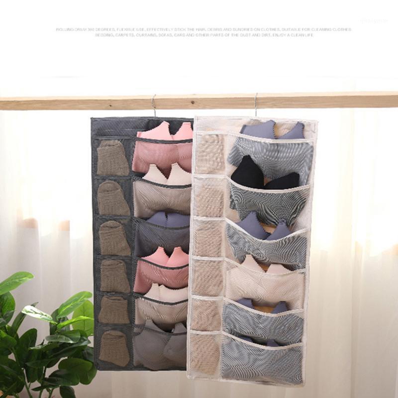 

New Double Sided Foldable Wardrobe Organizer Wall Amount Door Hanging Organiser Bra Underwear Socks Storage Bags Multi Pockets1, B grey