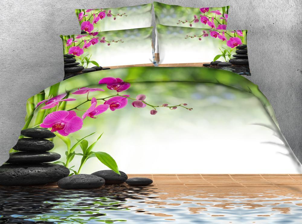 

JF-003 Digital Print 3D bedding sets king size beautiful riverside with pebble stone orchid quilt covers full queen bedclothes1, As pic