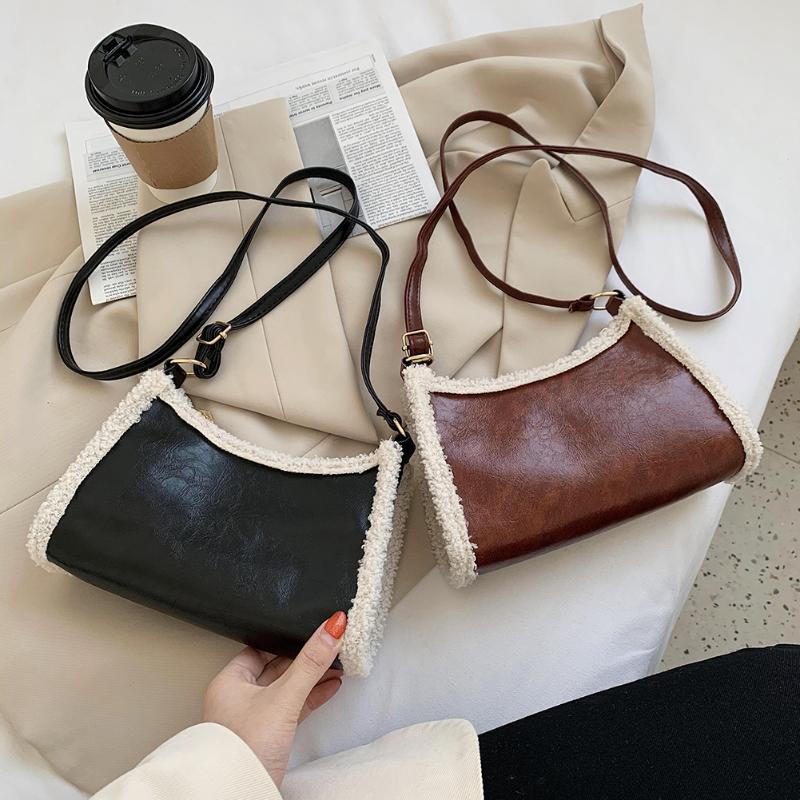 

Lady Shoulder Splicing Fleece PU Purse Casual Winter Shoulder Bag Street Handbag Youth Ladies Simple Versatile Bag, Brown