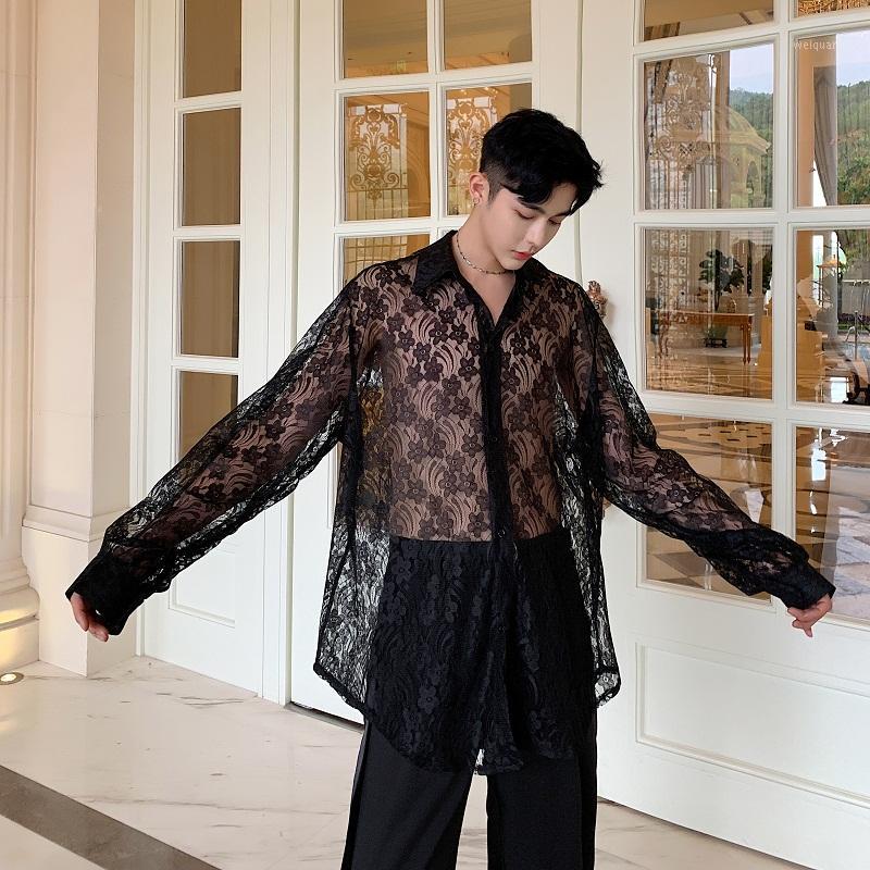 

Men's Casual Shirts Men Transparent Organza Embroidery Long Sleeve Loose Shirt Male Women Vintage Streetwear Hip Hop Stage Costume1, 9037